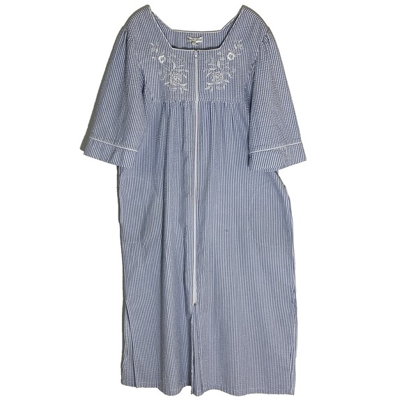 Miss Elaine Other - Miss‎ Elaine Housecoat Womens Large Blue White Striped Embroidered Seersucker L